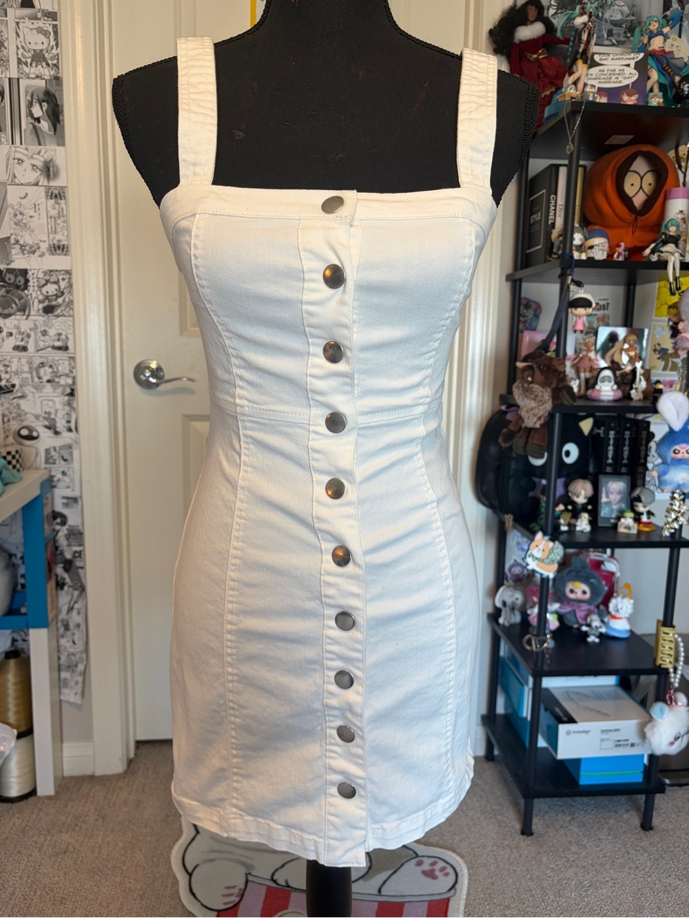 White Button-Front Dress with Wide Straps